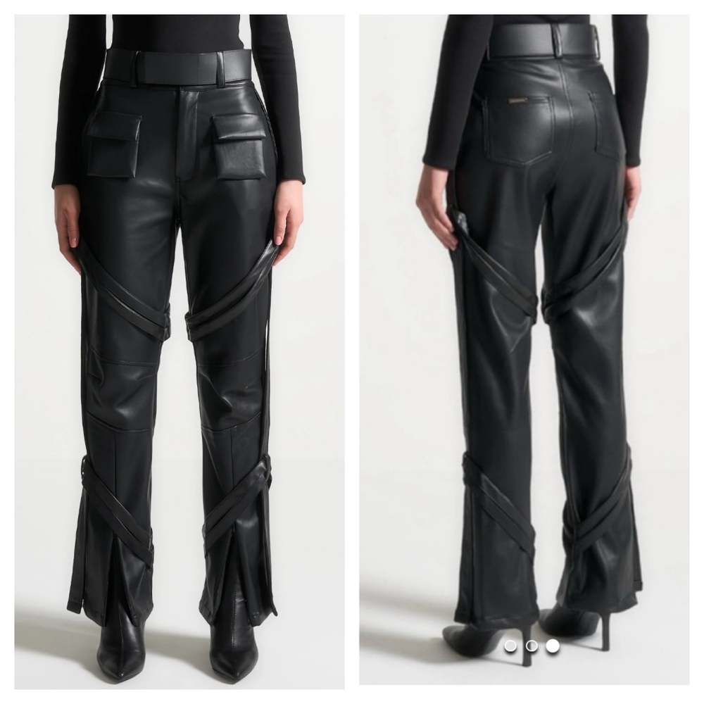 Maniere De Voir Black Faux Leather Strap Detail Pants